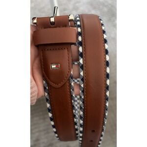 Vintage Tommy Hilfiger Blue Gingham Fabric / Leather Belt, Mens L (38-40) Y2K